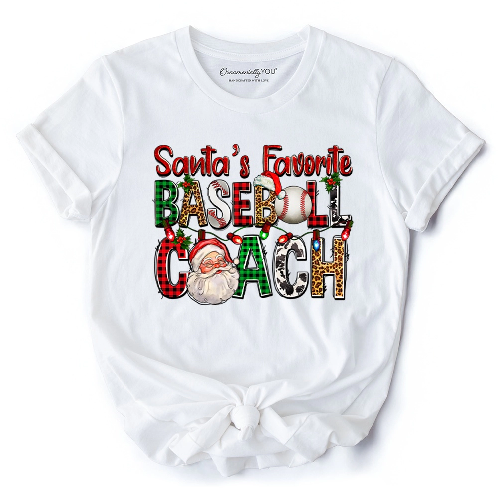 OrnamentallyYou Mens Santa's Favorite Baseball Coach Plaid Christmas T-Shirt