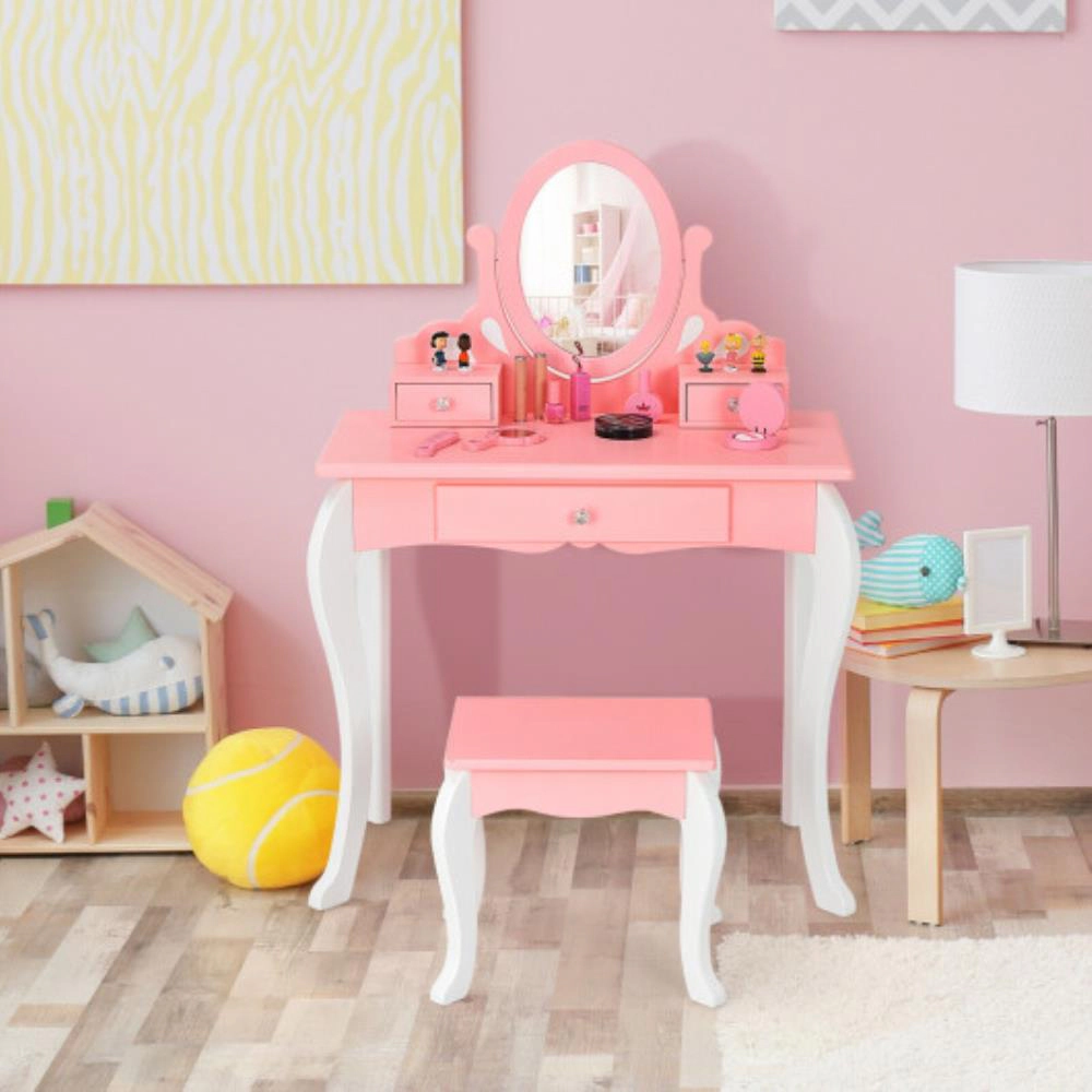 Hivvago Kids Vanity Princess Makeup Dressing Table Stool Set With Mirror And Drawer