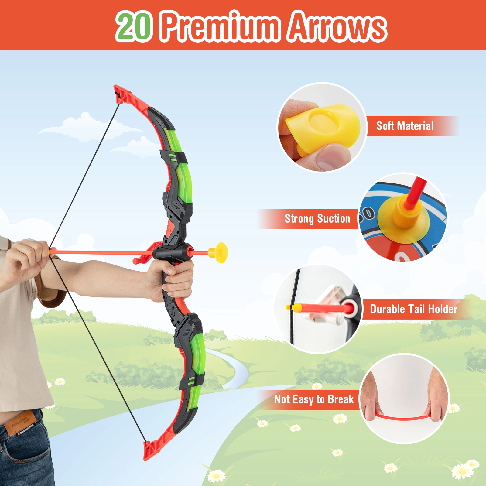 SUGIFT Kids Green LED Light Up Archery Set with 2 Bows and 20 Suction Cup Arrows 26-in Bow Length Ages 3-12