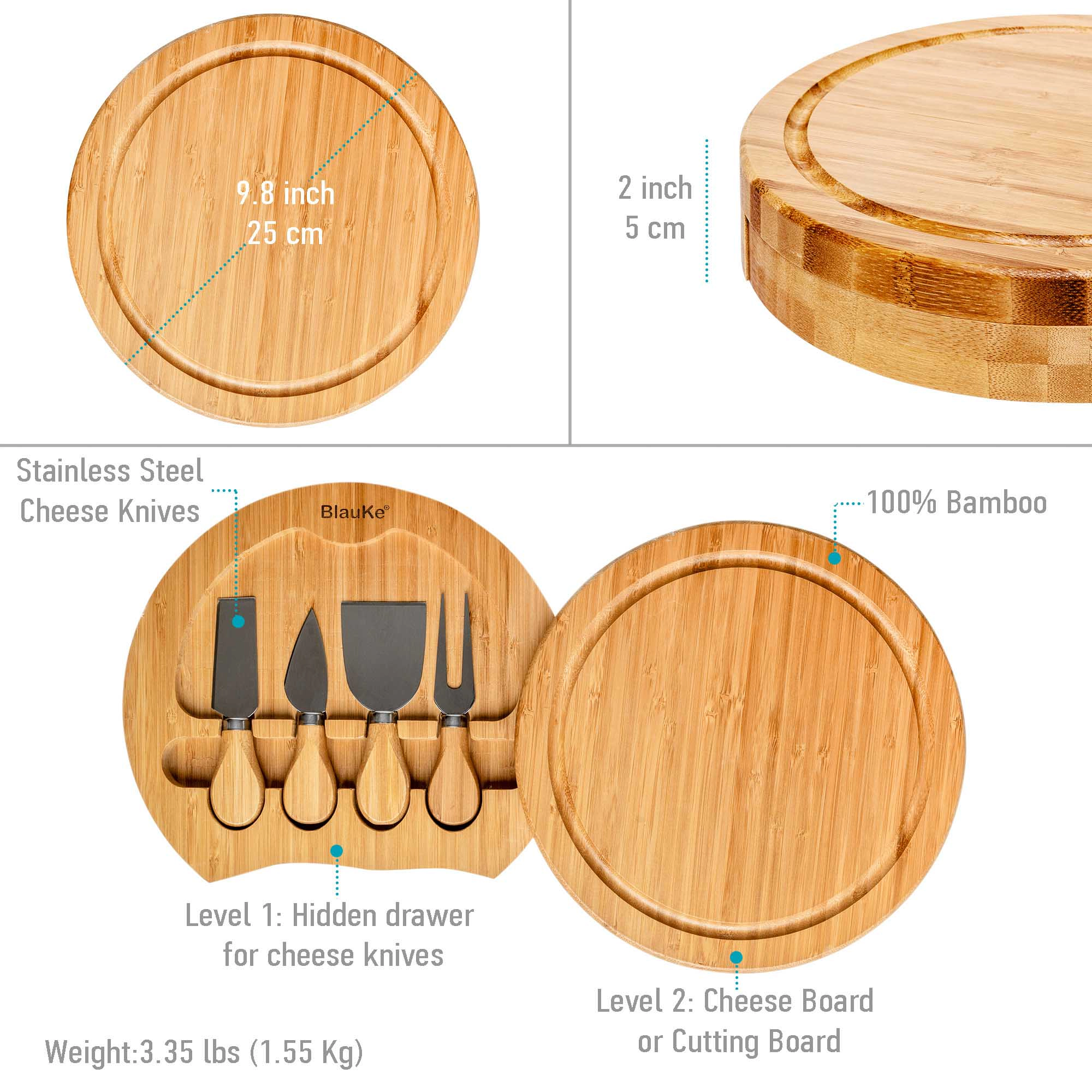 Bamboo Cheese Board and Knife Set - 10-Inch Charcuterie Board with Slide-Out Drawer and Cheese Knives - Perfect Gift