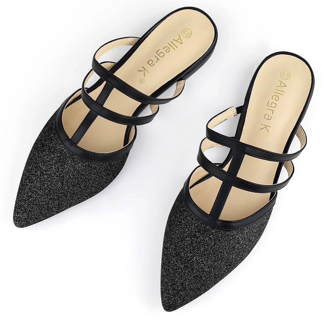 BLISSFUL STEP Women's Glitter Pointed Toe Flat Slip On T Strap Mules Sandals
