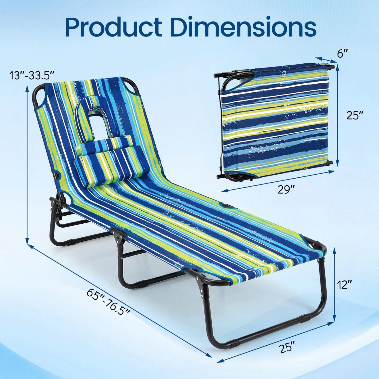 SUGIFT Folding Tanning Beach Chair with Face Hole, 3 Pillows, Blue Stripe