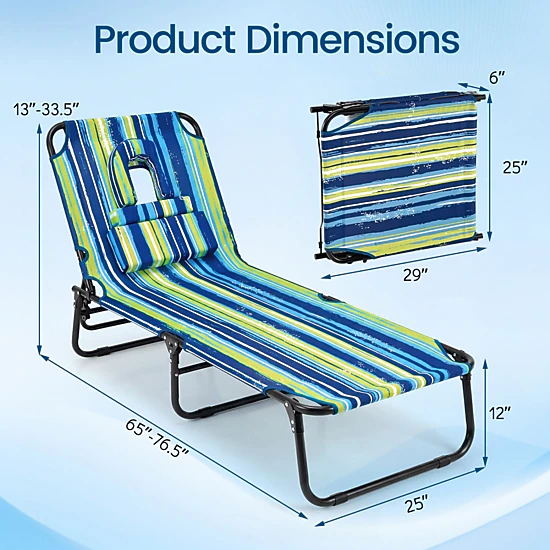 SUGIFT Folding Tanning Beach Chair with Face Hole, 3 Pillows, Blue Stripe