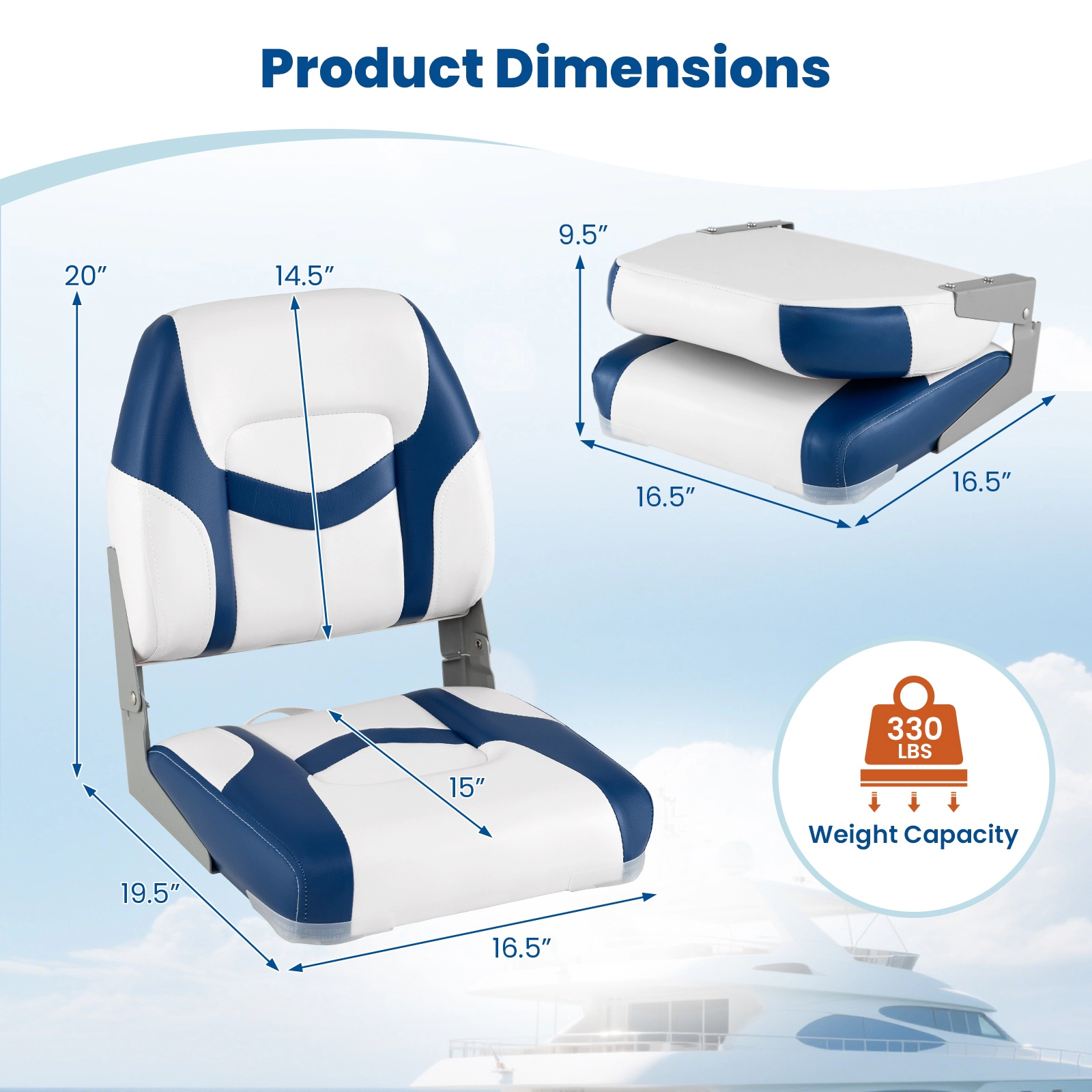 SUGIFT 2-Pack Blue Folding Boat Seats with Aluminum Hinges 16.5-in W 19.5-in D 20-in H 330-lb Seat Capacity