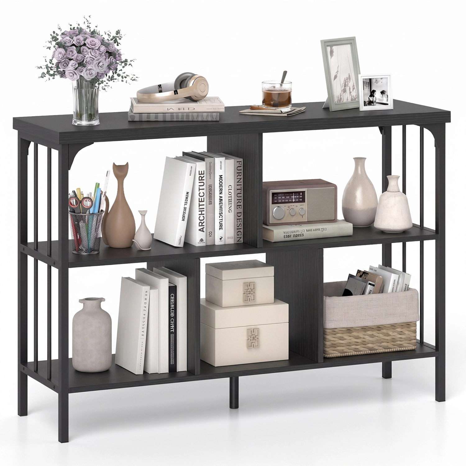 LJG 3-Tier Horizontal Cubby Bookshelf with Open Shelves