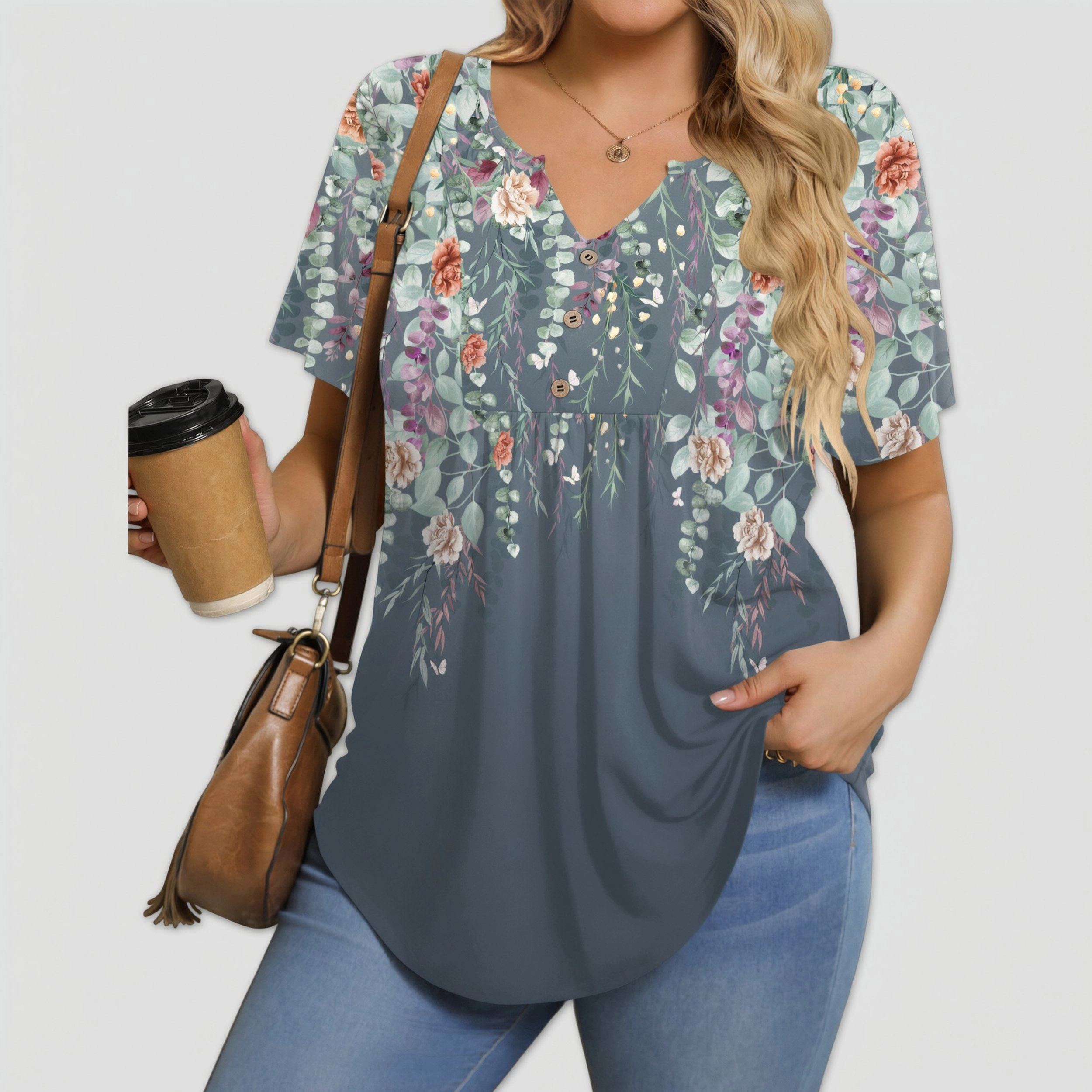 Zeagoo Women Button Front V Neck Tunic Blouse