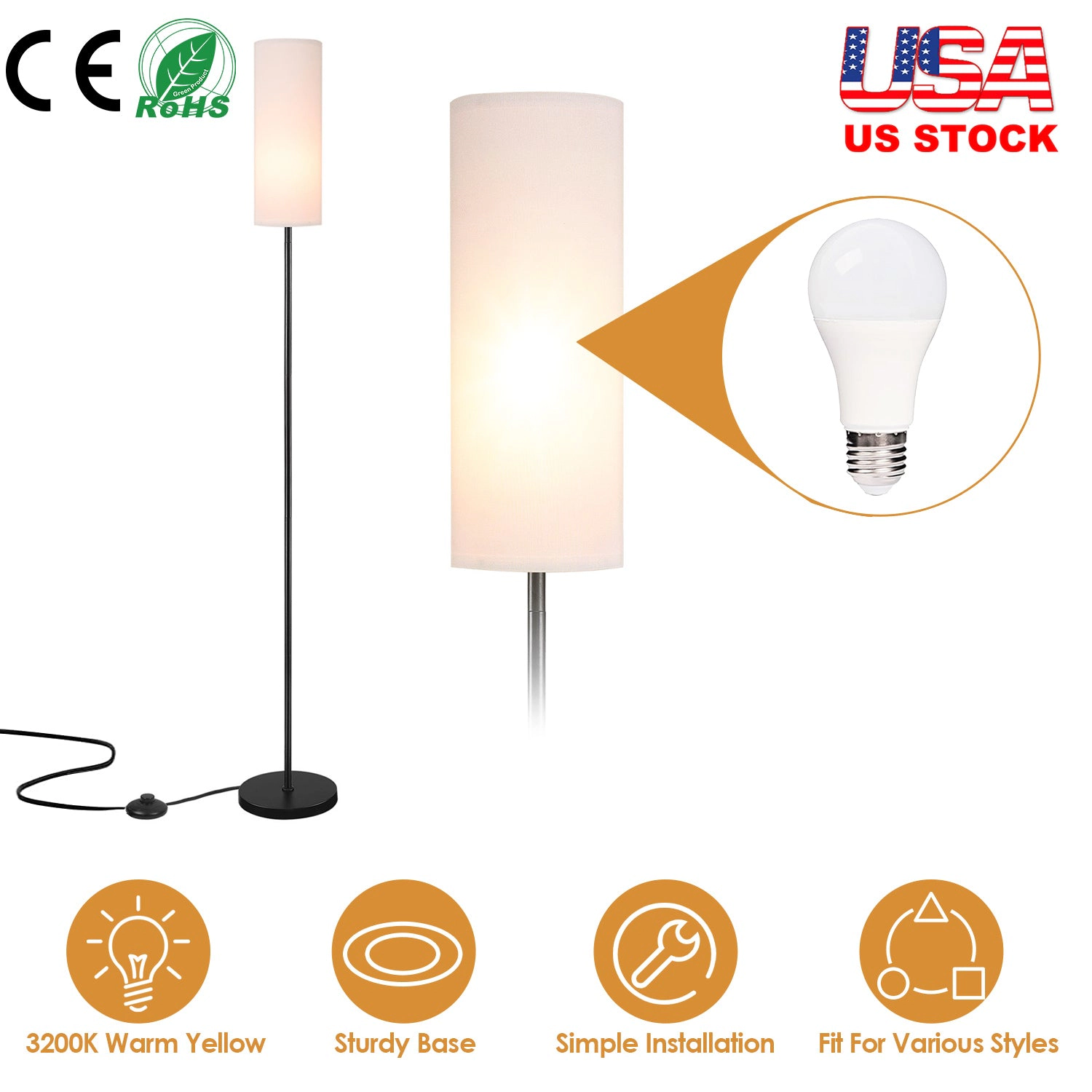 GBruno Fabric Shade Floor Lamp With Foot Switch