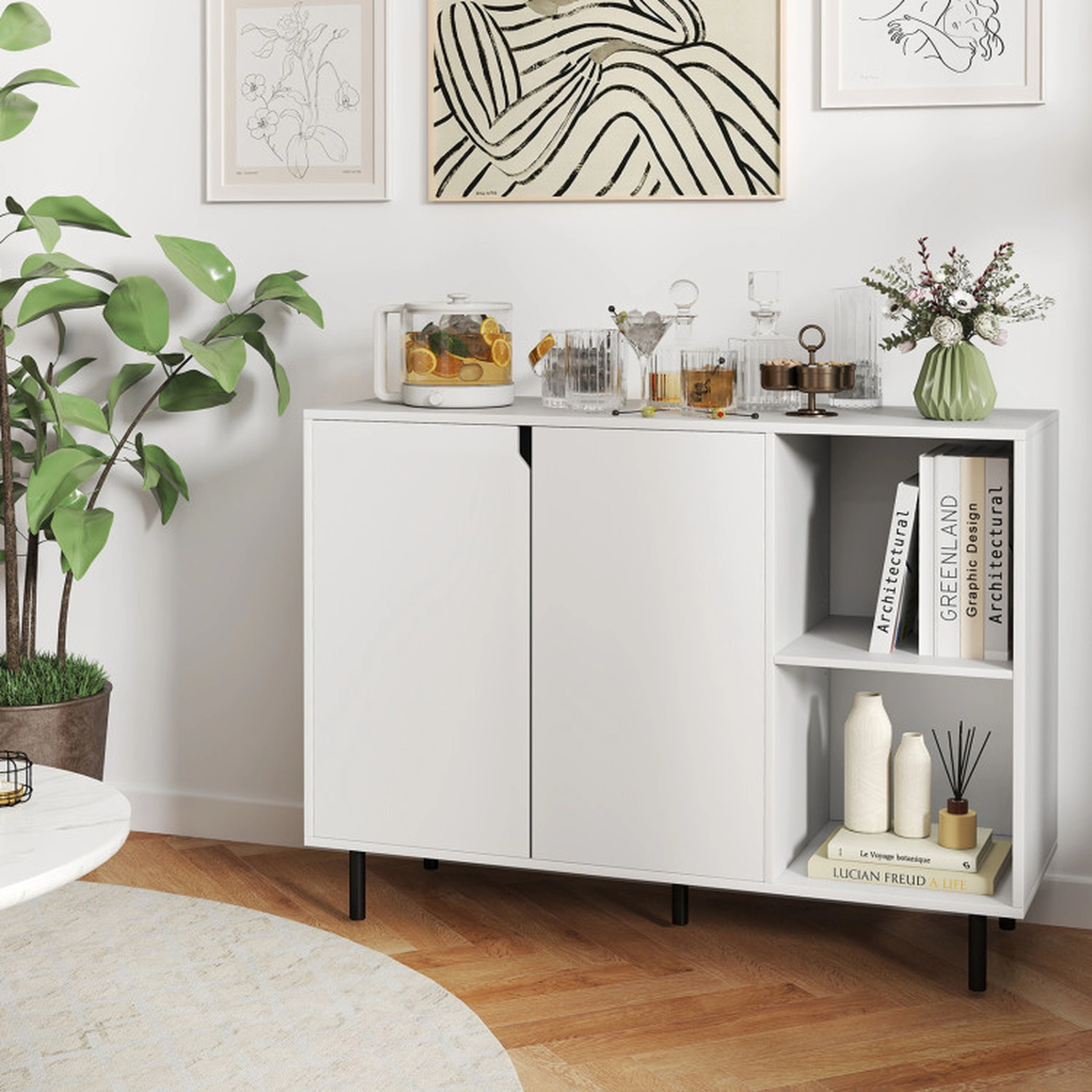 SUGIFT 42-in 200-lb Countertop White Sideboard Buffet Cabinet with 5-Level Adjustable Shelves and Metal Legs