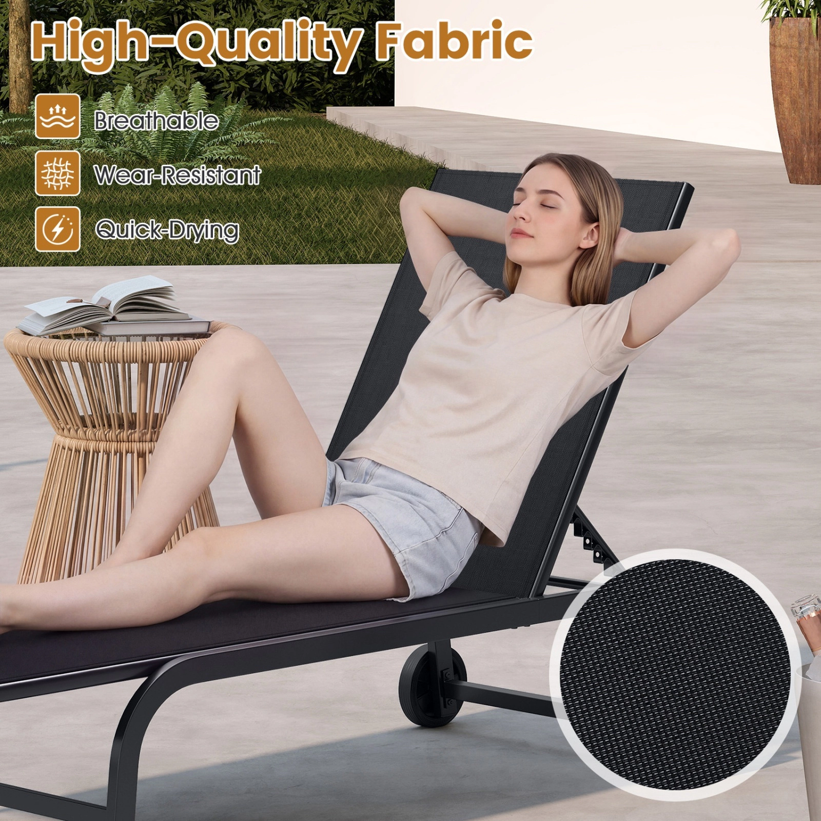 SUGIFT Outdoor Chaise Lounge Chair, Wheeled Metal Patio Recliner, 6-Level Flat-Adjusting Backrest, Black