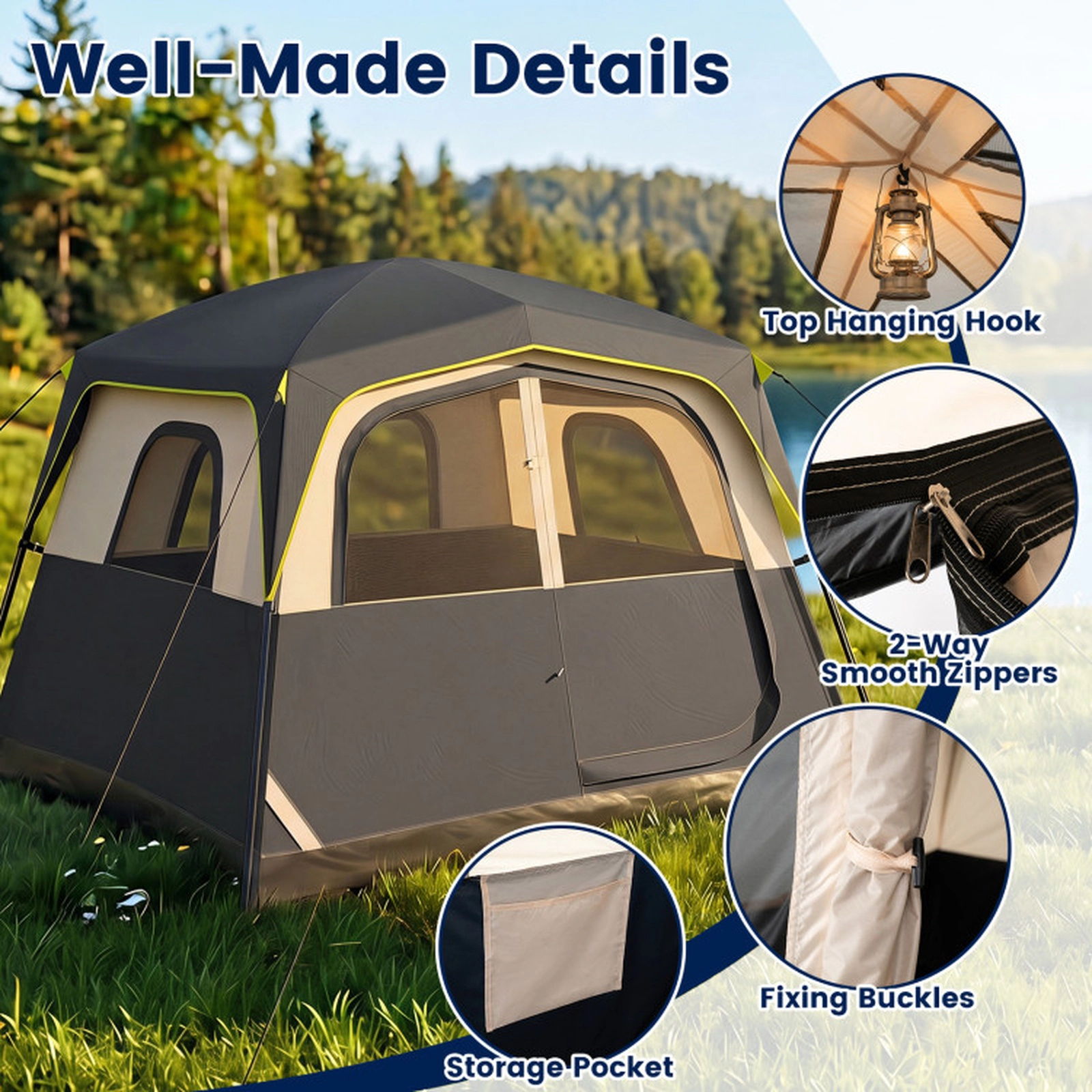 SUGIFT 6-Person Black Cabin Camping Tent with Top Rainfly and 3 Mesh Windows 10-ft W 9-ft D 7-ft H