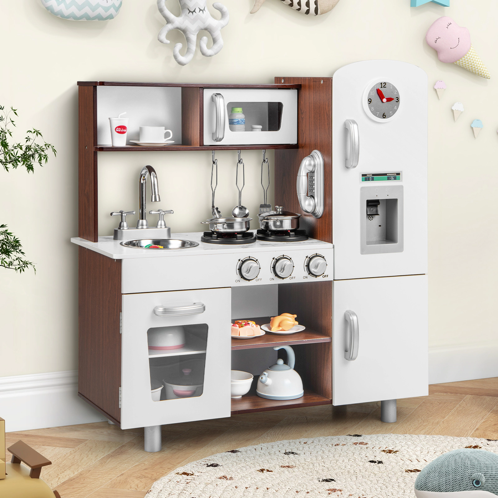 Kids Kitchen Playset with Realistic Lights and Sounds 2 Steel Pots and 3 Utensils 29-in x 11.5-in x 32-in Brown White
