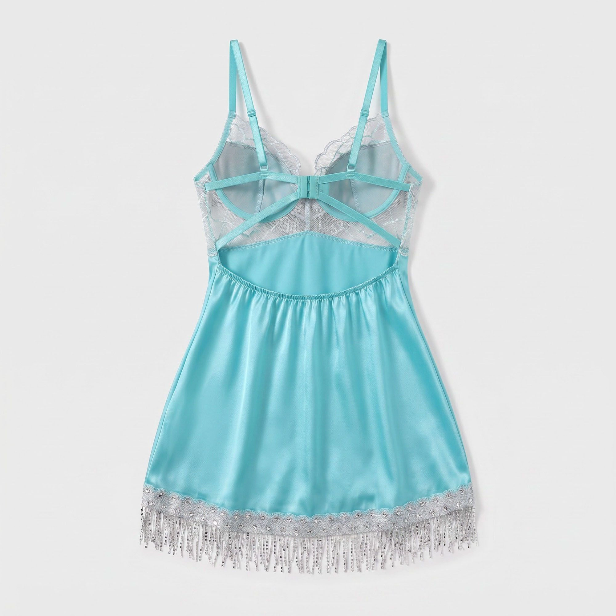 Anna-Kaci Women's Satin-Look Lace Lingerie Nightgown with Shimmer Fringe