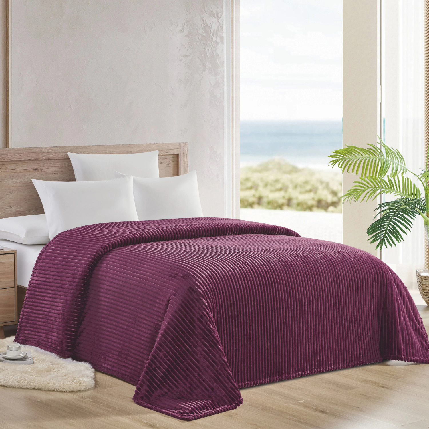 Plazatex Striata Lined Oversized All Season 100% Polyester Blanket King 108" x 90" Plum