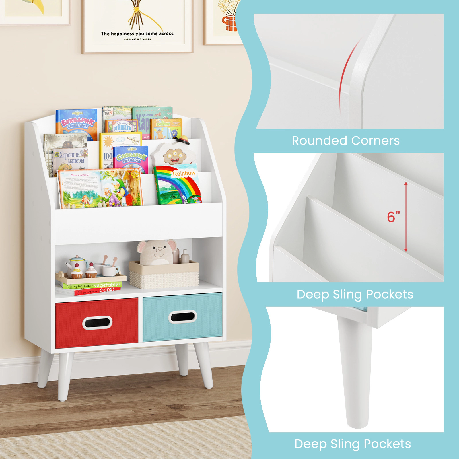 SUGIFT White 220-lb Capacity 3-Tier Kids Bookshelf with Open Compartment and 2 Foldable Fabric Drawers