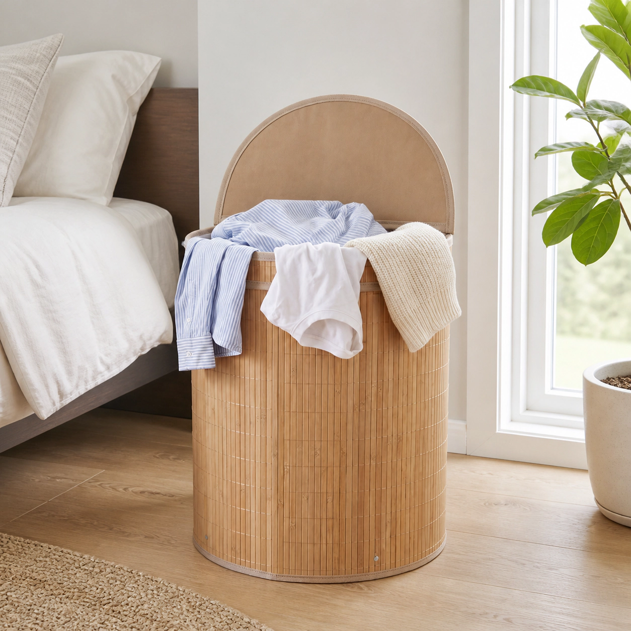 SUGIFT Natural 19-gal Foldable Bamboo Laundry Hamper with Zippered Lid and Detachable Washable Liner