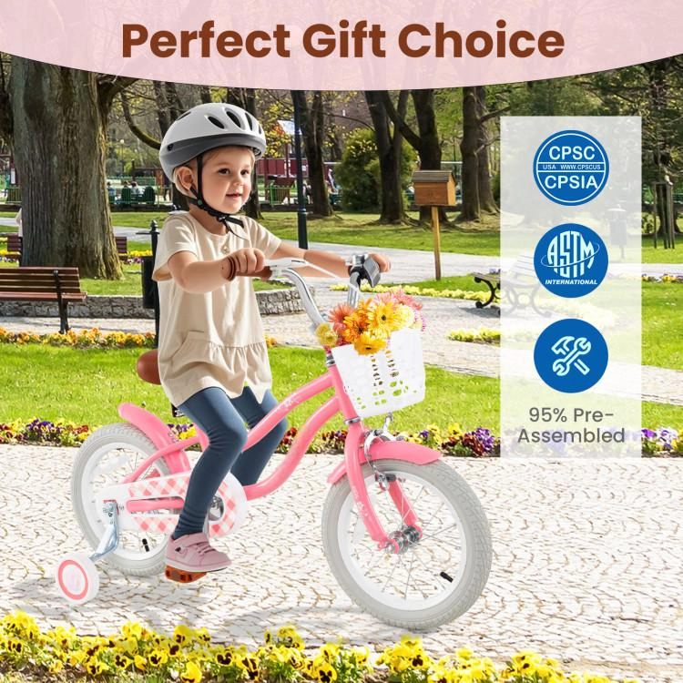 SUGIFT Peach Training Wheels Removable Storage Basket and Padded Seat Kids Bike