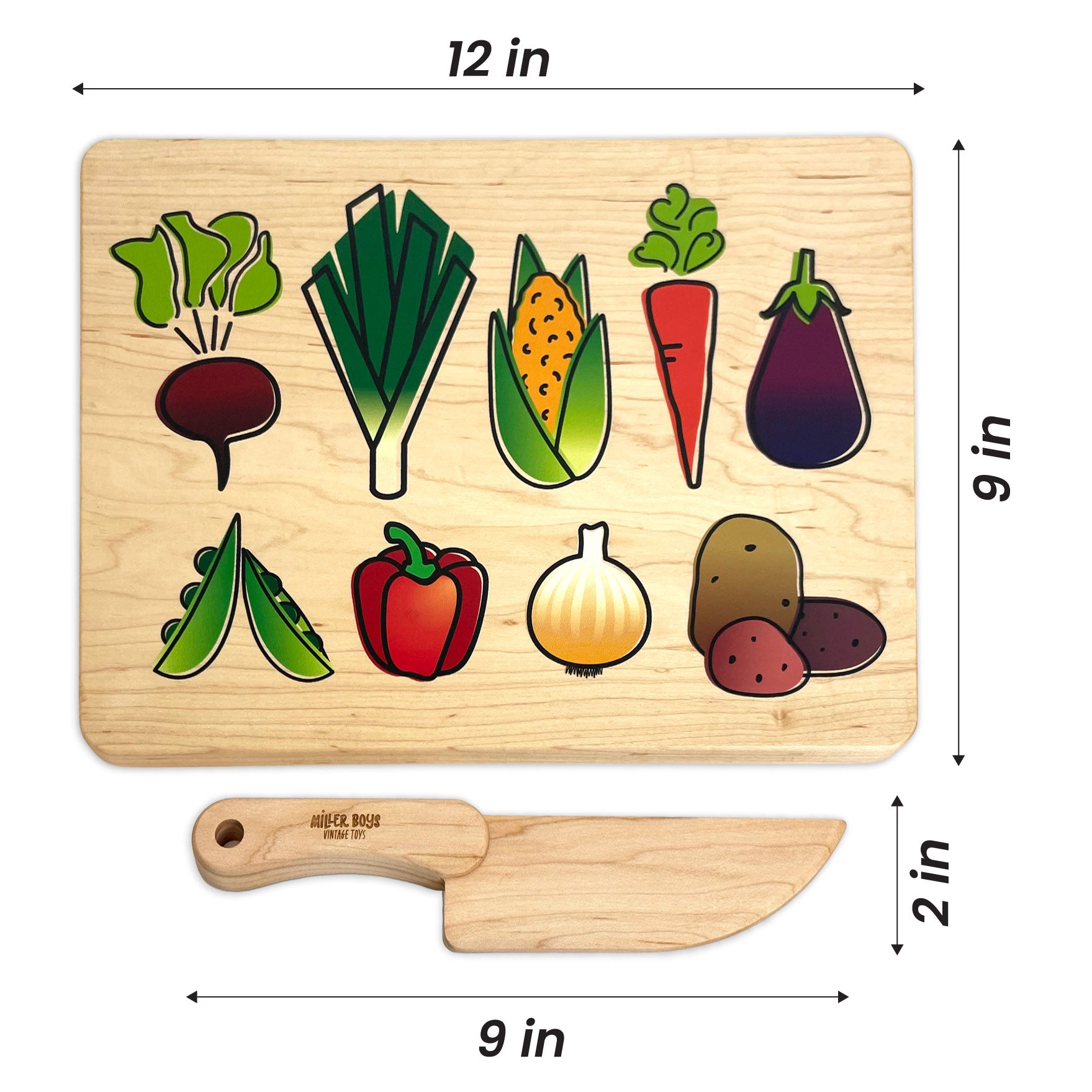 Kid's Chef-in-Training Maple Cutting Board with Handcrafted Wooden Knife, Made in the USA