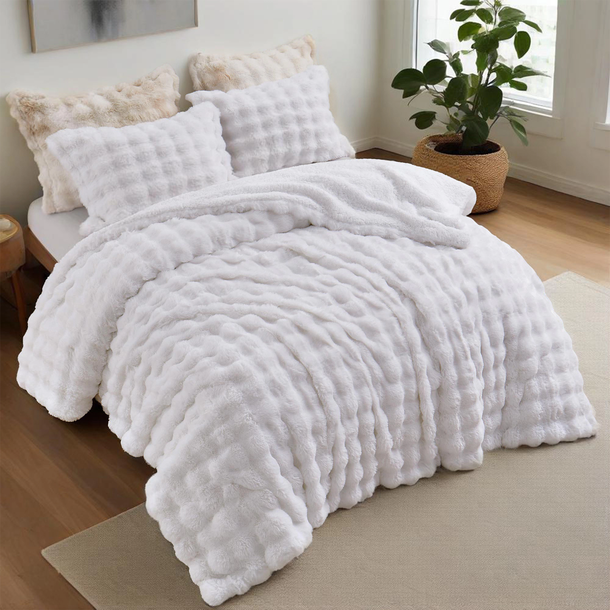 Unikome Dual-Side Fluffy Faux Rabbit Fur Comforter Set, Plush Fuzzy Bedding Set