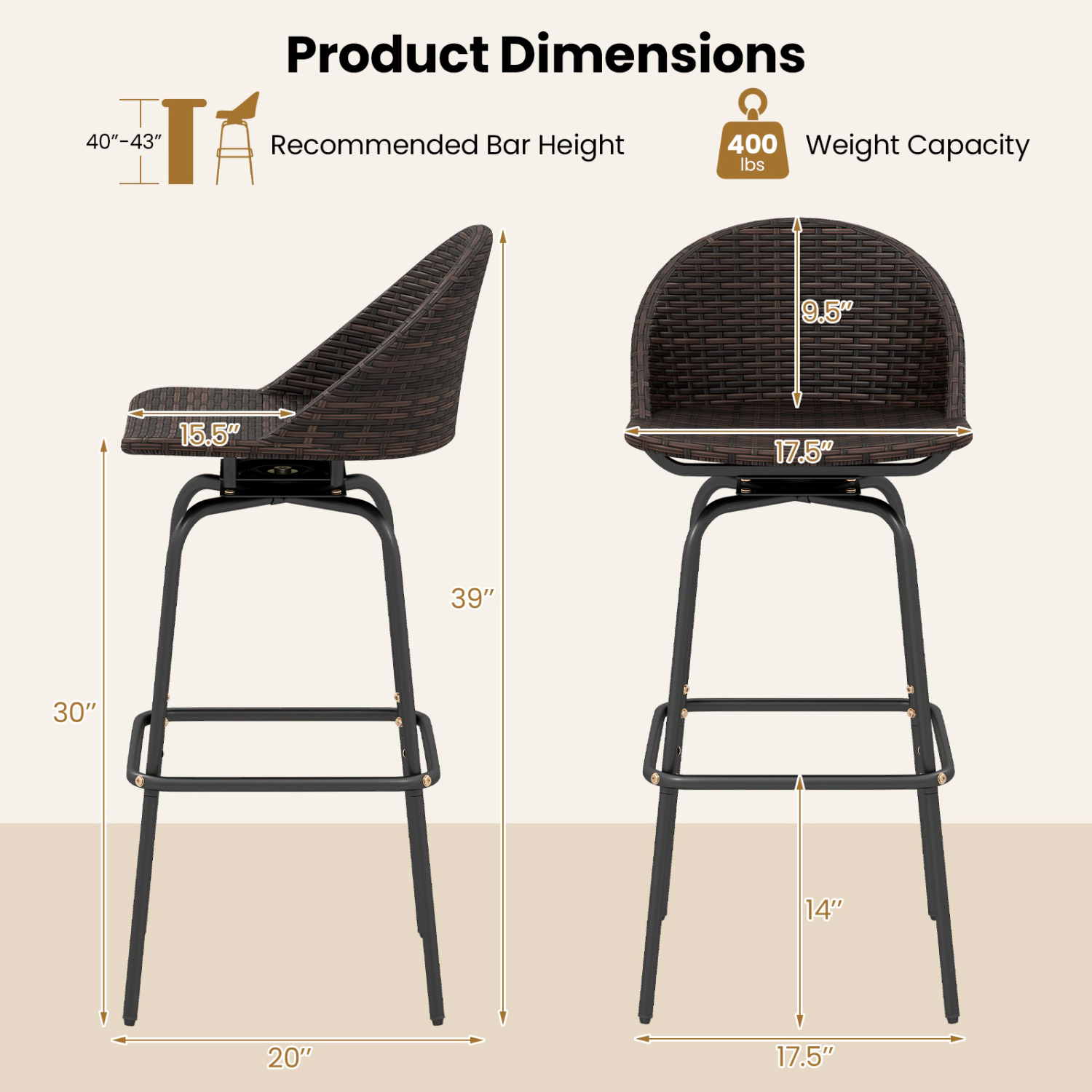 LJG Set of 2 Patio Swivel Bar Stools with Rattan Seat 400 LBS for Garden