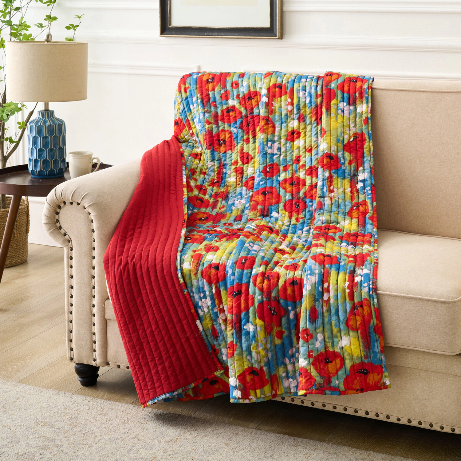 Greenland Home Fashion Poppies Accessory Microfiber Face Cotton Back with Polyester fill Throw Red