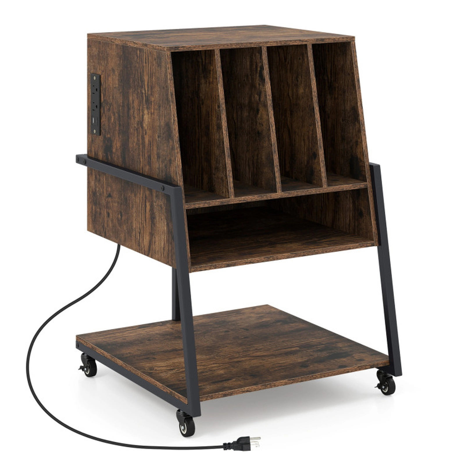 SUGIFT Rustic Brown Rolling Turntable Stand with Vinyl Storage, Power Outlets and USB Charging