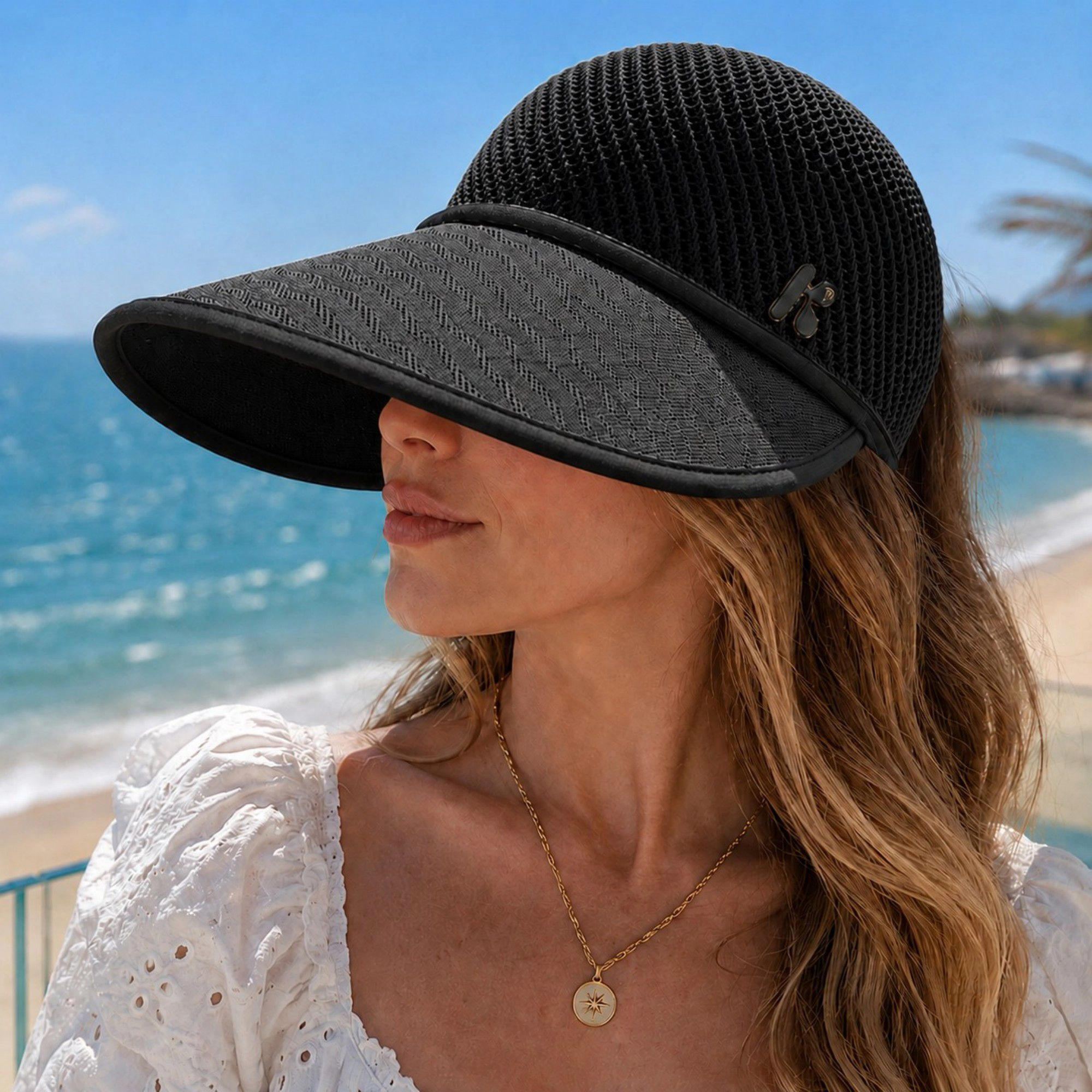 Alilang Women's Wide Brim Woven Visor Hat with UPF 50 Plus Crown Ponytail Back and Contrast Trim