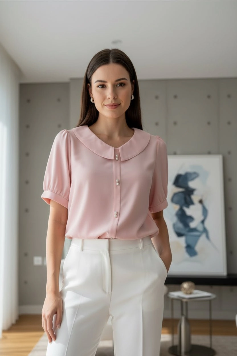 DressAtR Women's Pink Split Round Collar Pearl Detail Puff Sleeve Blouse
