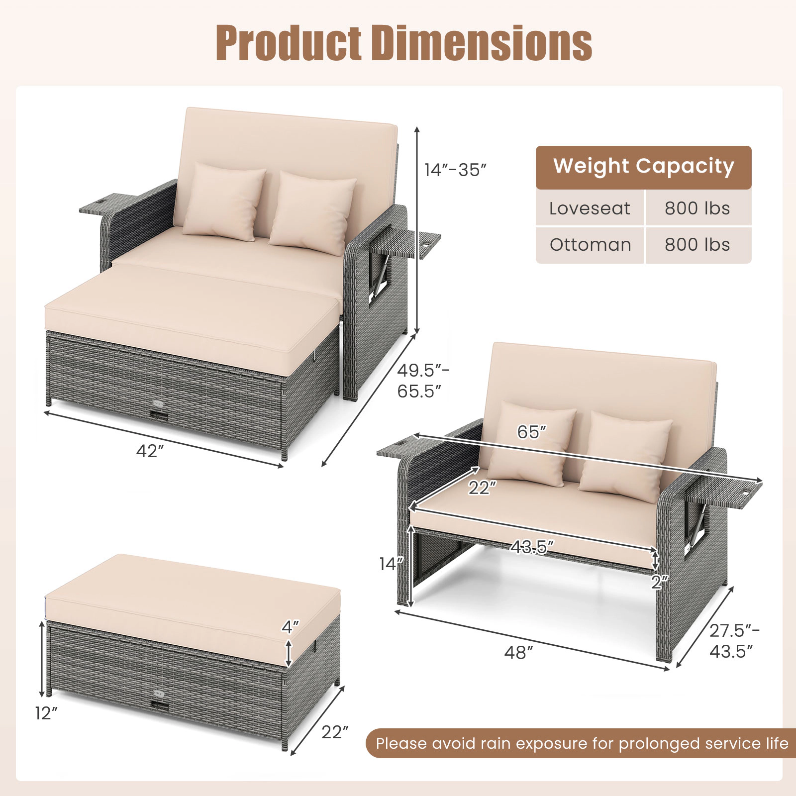 LJG Wicker Loveseat Sofa with Multipurpose Ottoman and Retractable Side Tray