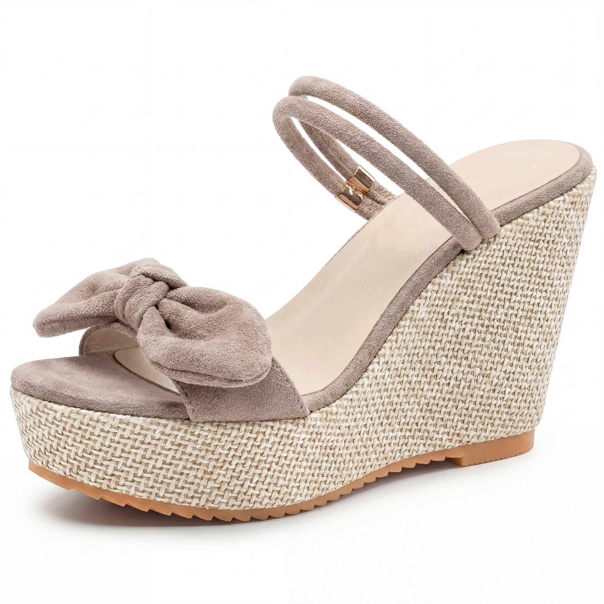 BLISSFUL STEP Women's Faux Suede Plaid Bow Double-strap Platform Slip Sandals