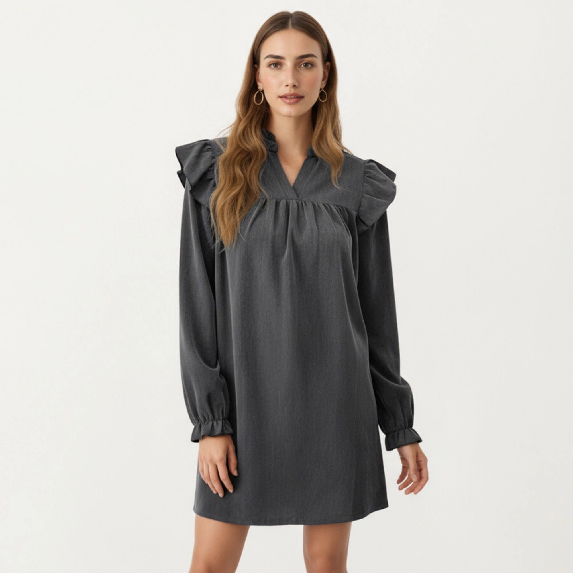Anna-Kaci Women's Long Sleeve Ruffle Shoulder V Neck Gathered Detail Mini Dress