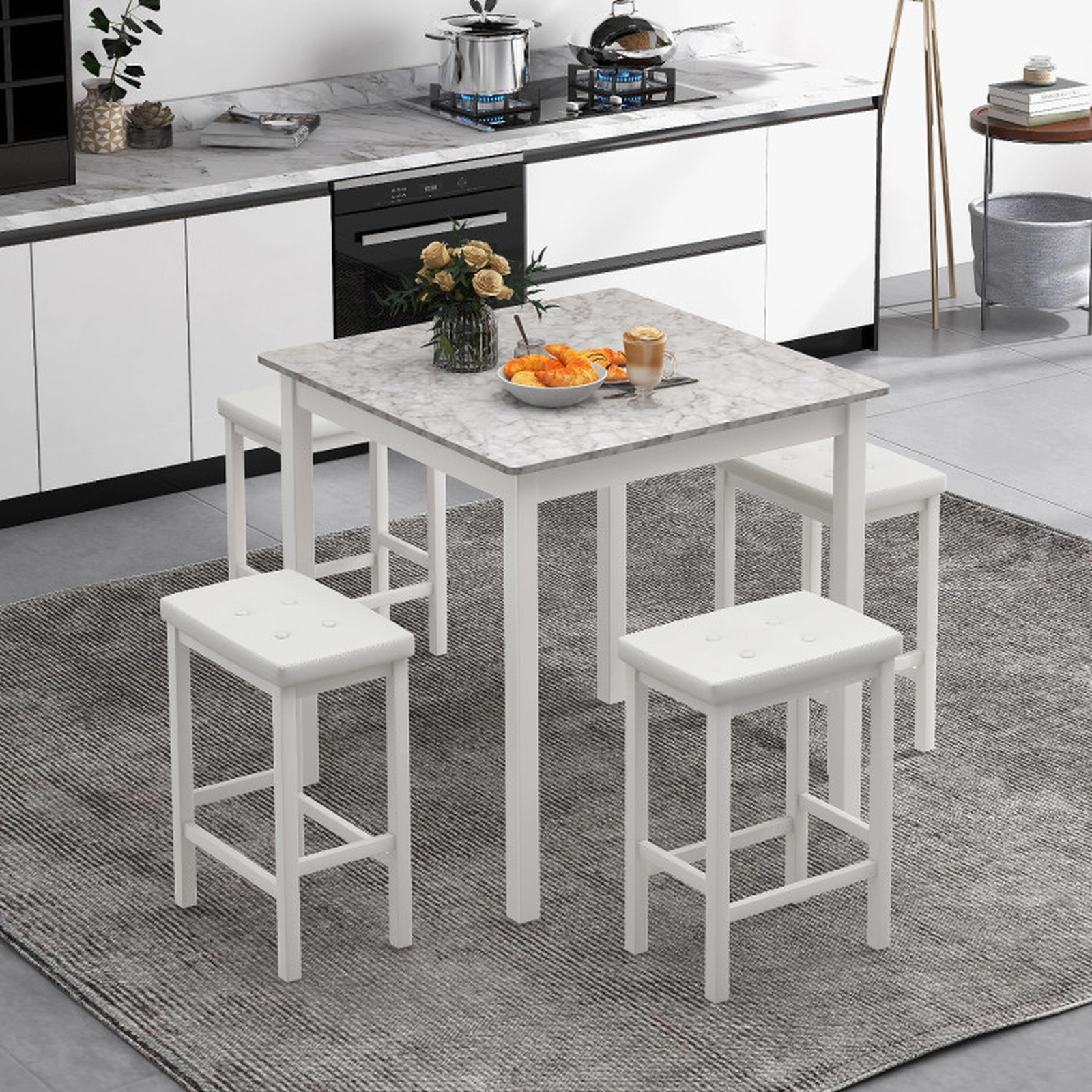 SUGIFT 5-Piece White Counter Height Table Set with 4 Padded Stools