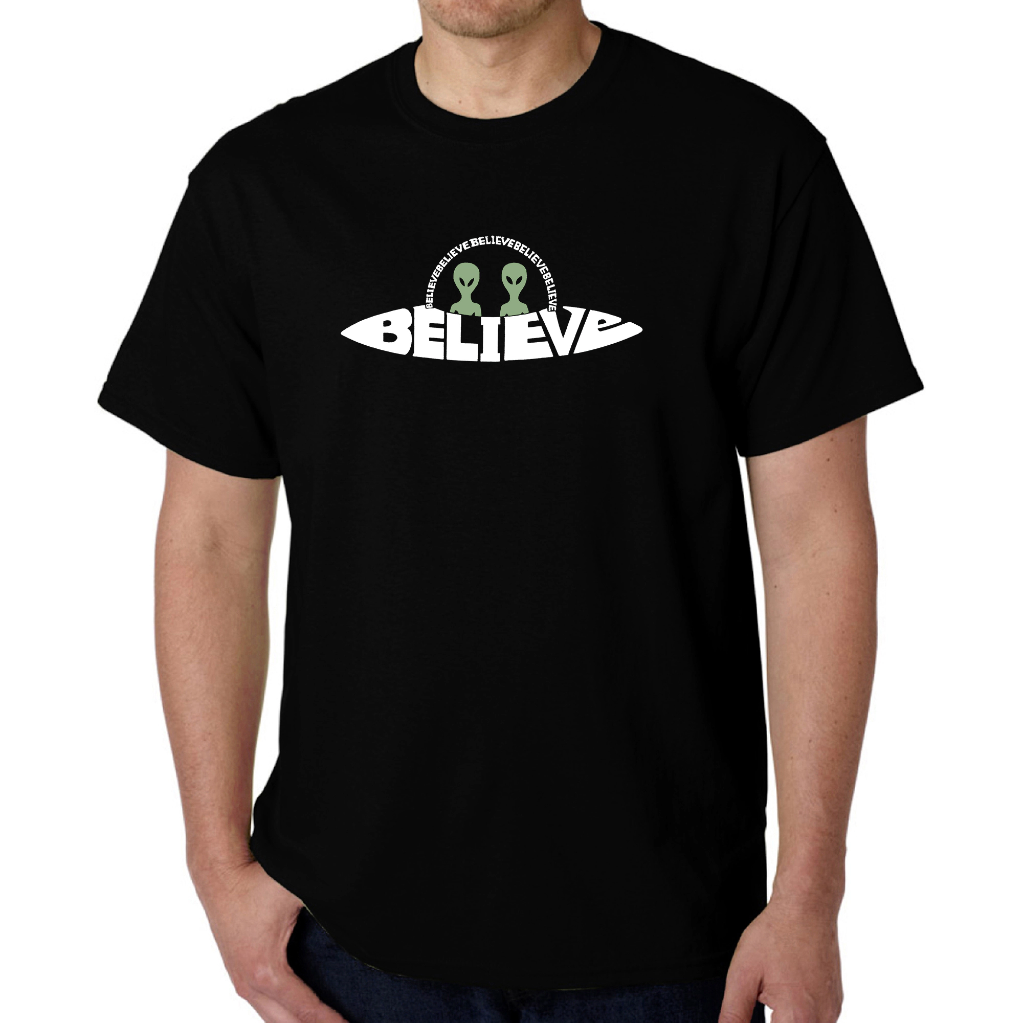 LA Pop Art Men's Believe UFO Word T-Shirt - 100% Cotton