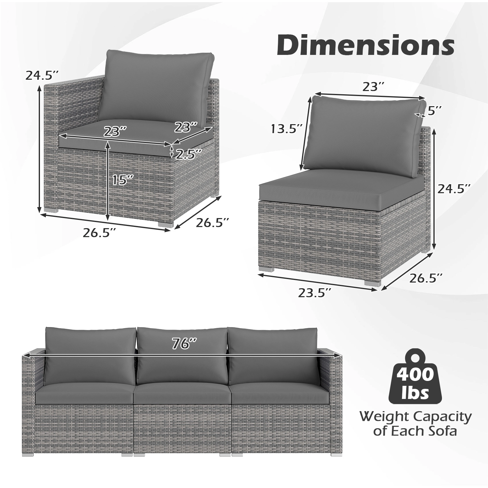 SUGIFT Gray Soft Cushions 3-Piece Patio Sectional Sofa Set PE Rattan Modular Couch