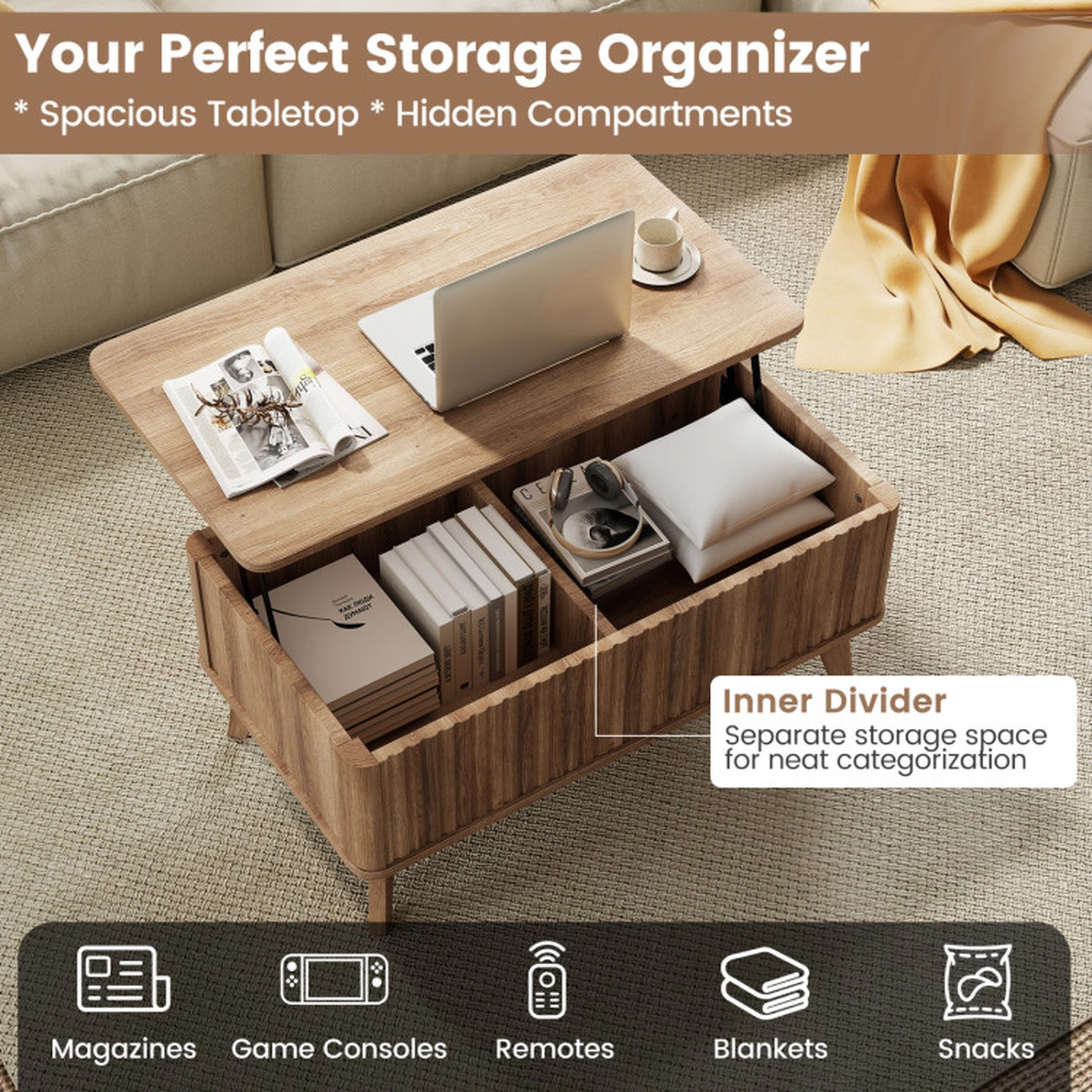 SUGIFT Fluted Lift Top 2 Hidden Compartments Rubber Wood Coffee Table 35.5-in x 20-in x 16.5-in 220-lb Capacity Walnut