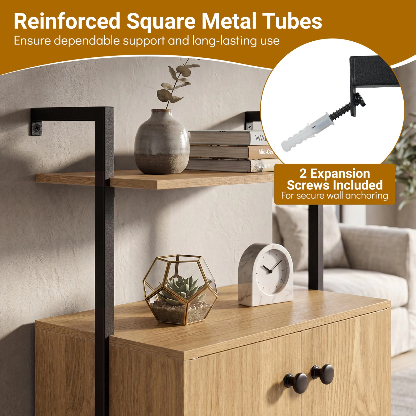 SUGIFT Natural 2-Door Wall Mount Bookshelf with Storage Cabinet and Open Shelves