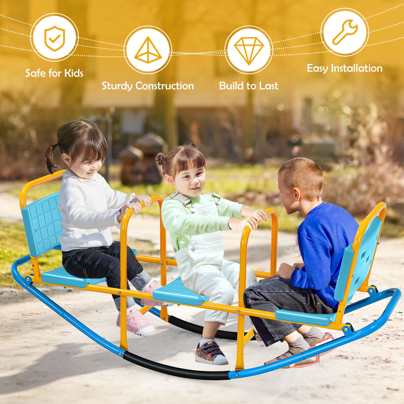 SUGIFT Swivel Seesaw Teeter for Kids 200-lb Capacity Ages 3-8 Years with Backrest and Footrest Blue/Red
