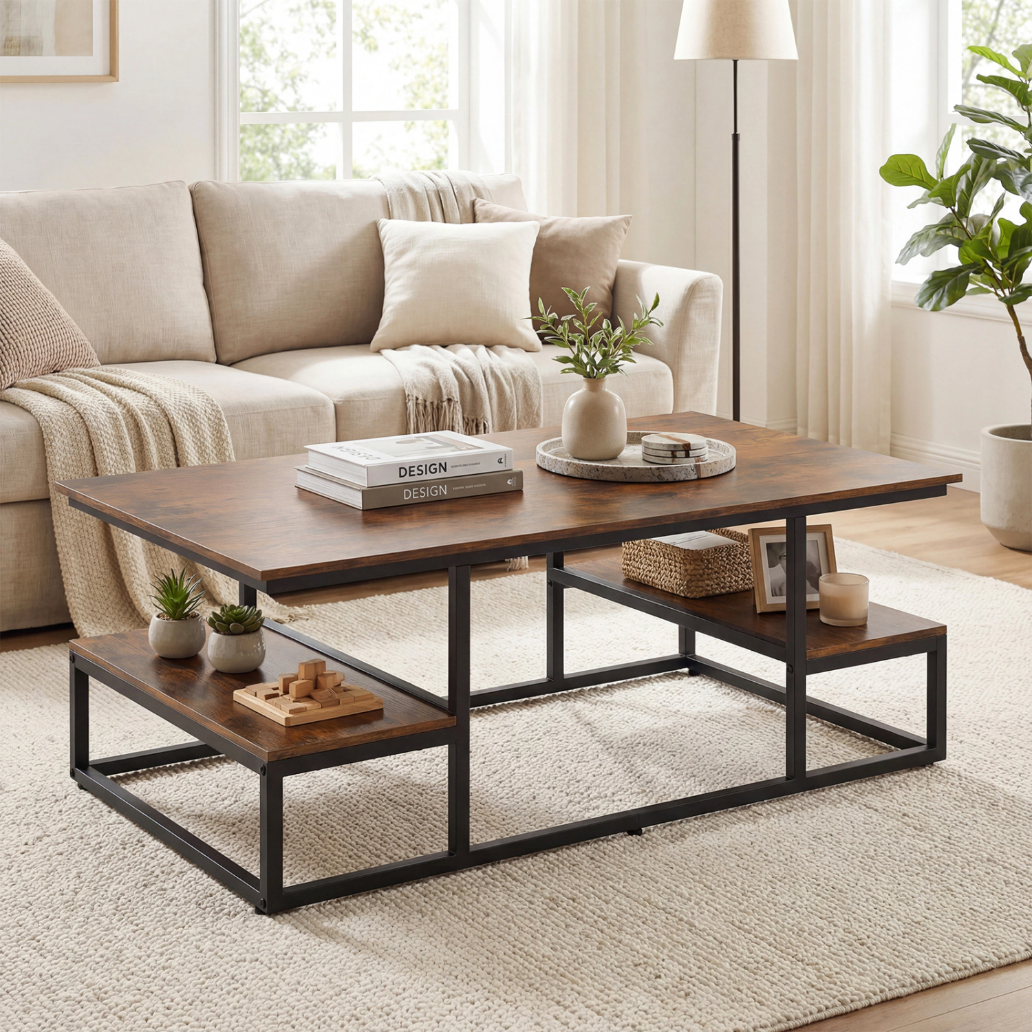 Glintex 43-Inch Rectangular Coffee Table with 2 Open Storage Shelves, Rustic Brown & Black