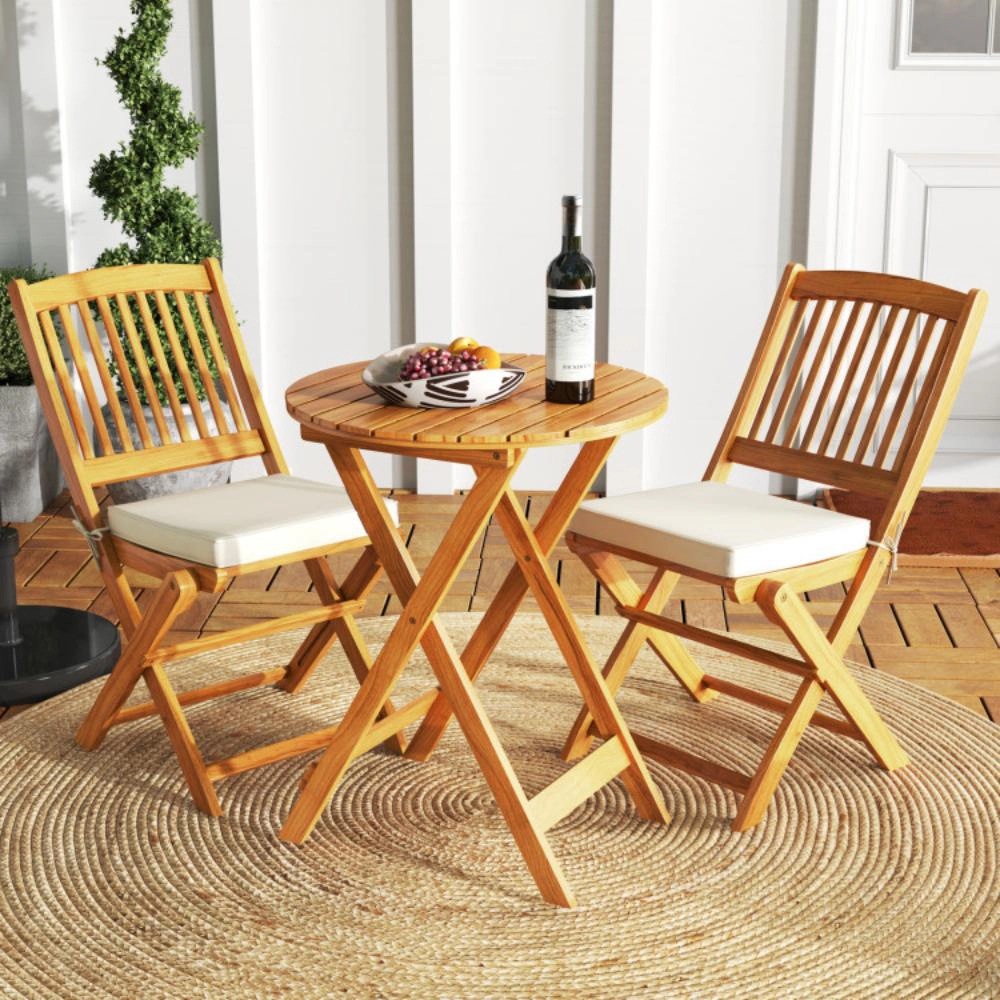 Hivvago 3 Pieces Acacia Wood Patio Folding Bistro Set With Soft Cushions