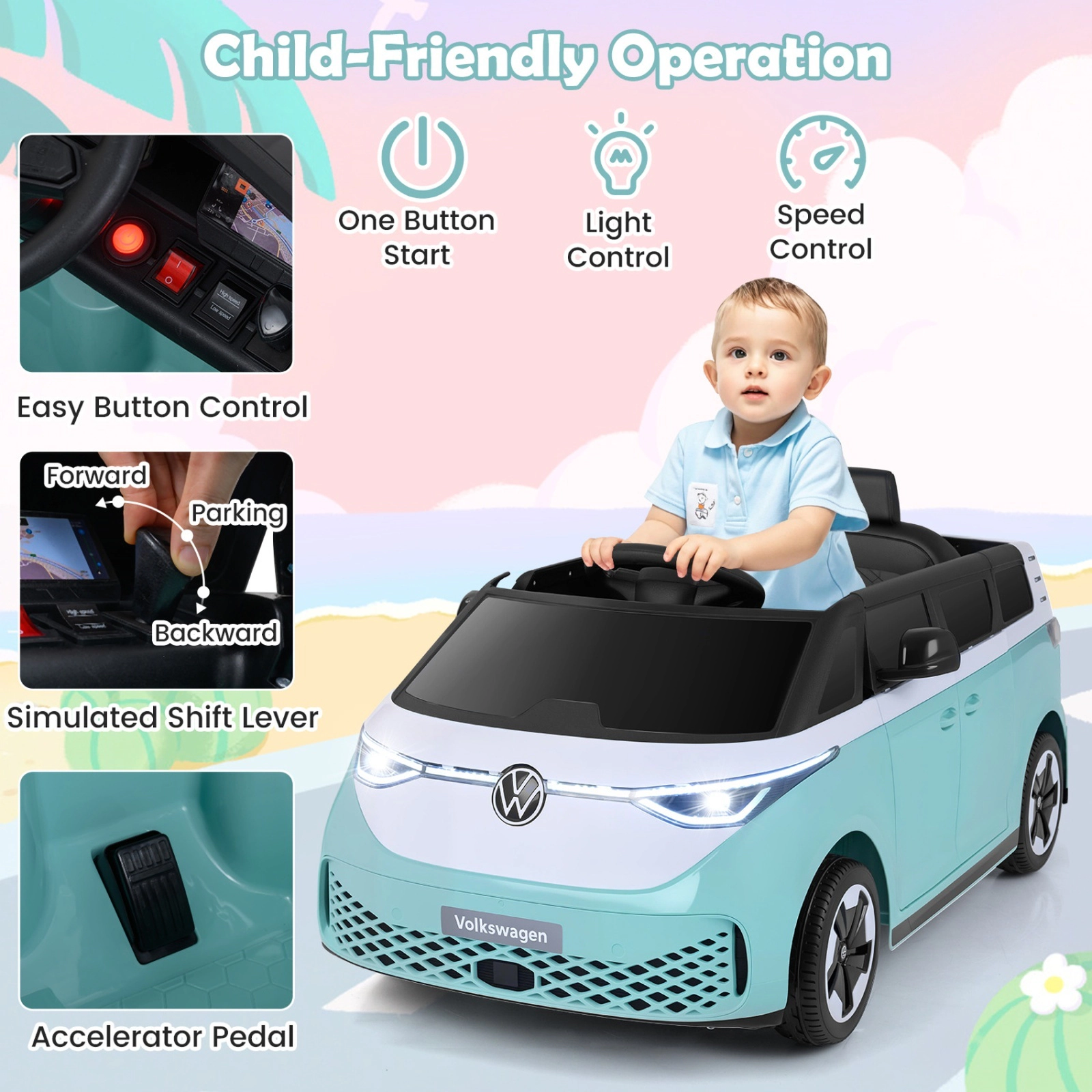 12V Kids Ride On Car Bus with Shift Lever Parent Remote Spring Suspension and LED Headlights for Ages 3-7 Electric Car