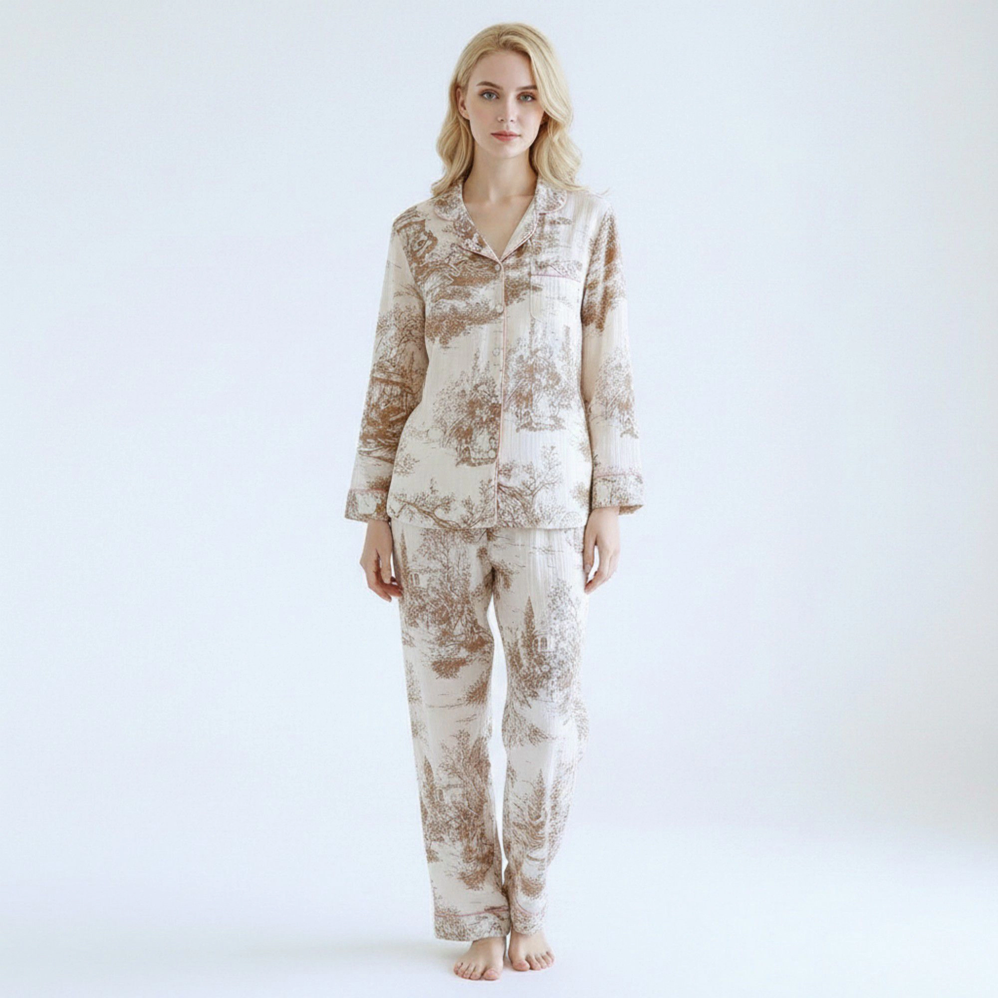 Anna-Kaci Women's Printed Button Up Pajama Set with Piping Details