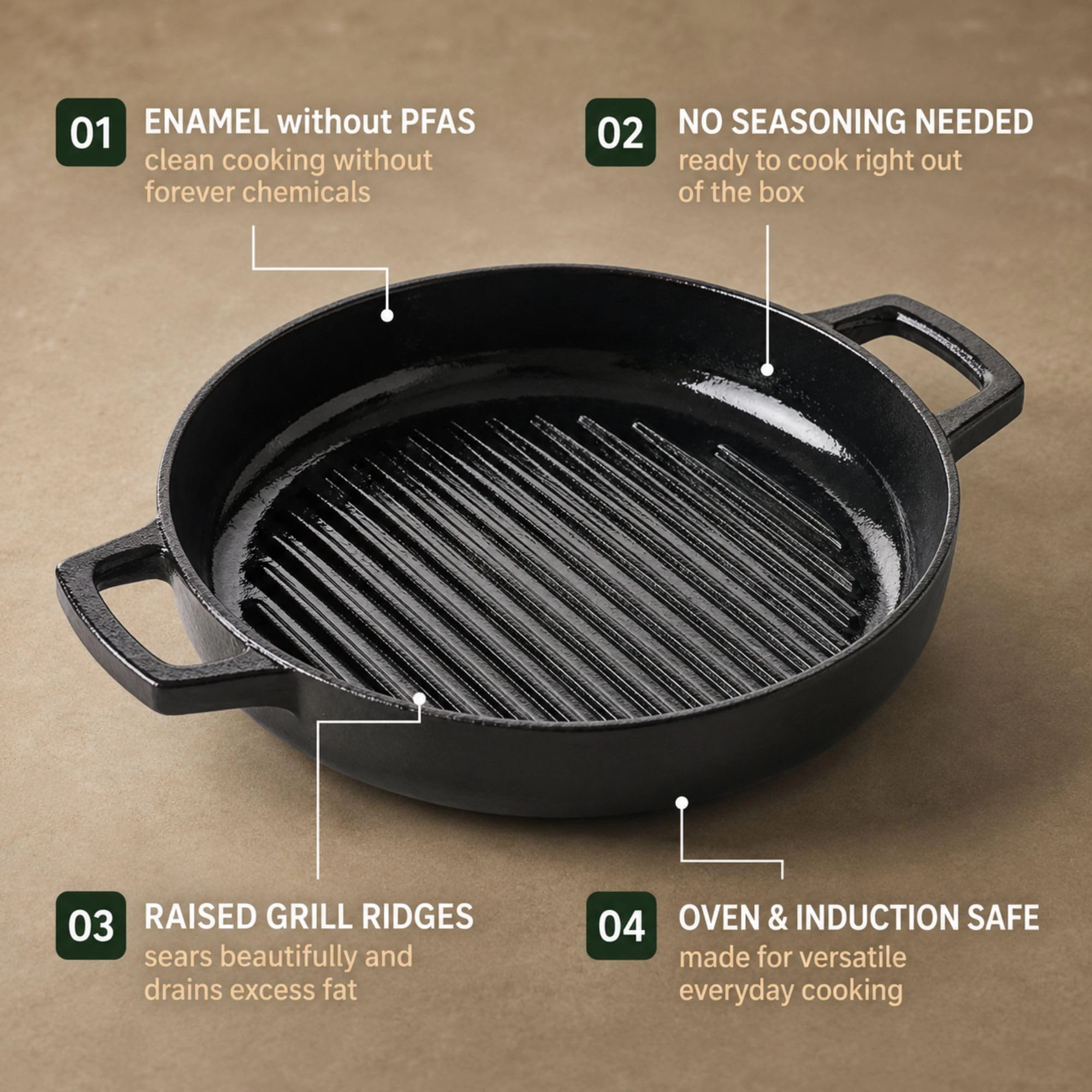 Alva Nori 11-inch Enameled Cast Iron Grill Pan, Oven and Induction Safe