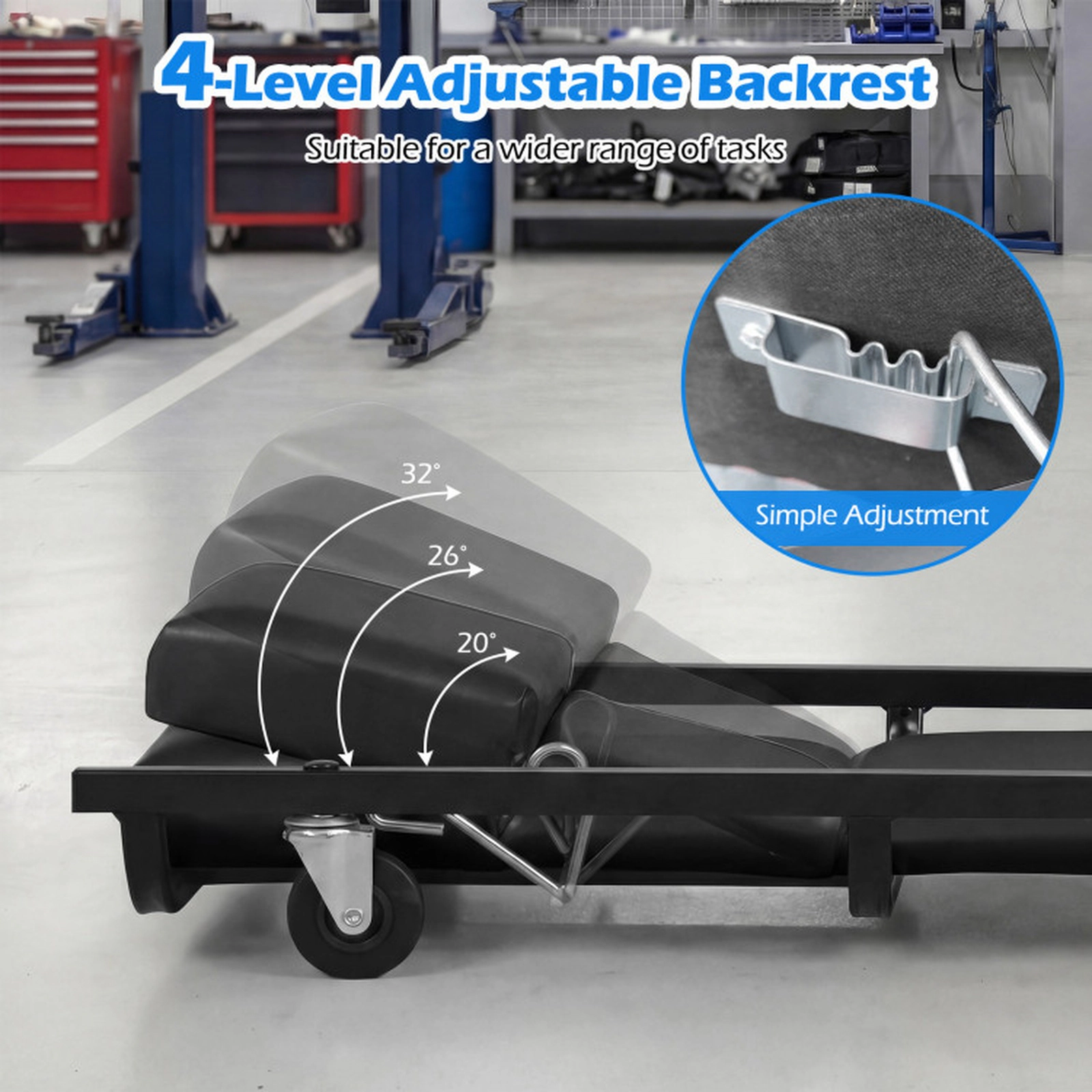 SUGIFT 4-Level Adjustable Backrest Headrest Rolling Mechanic Creeper 40-in x 17-in 250-lb Capacity 6 Casters Black
