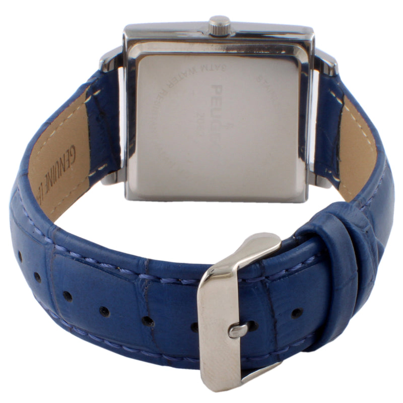 Peugeot Men's Modern 35x35mm Square Watch with Metal Case with Blue Leather Band