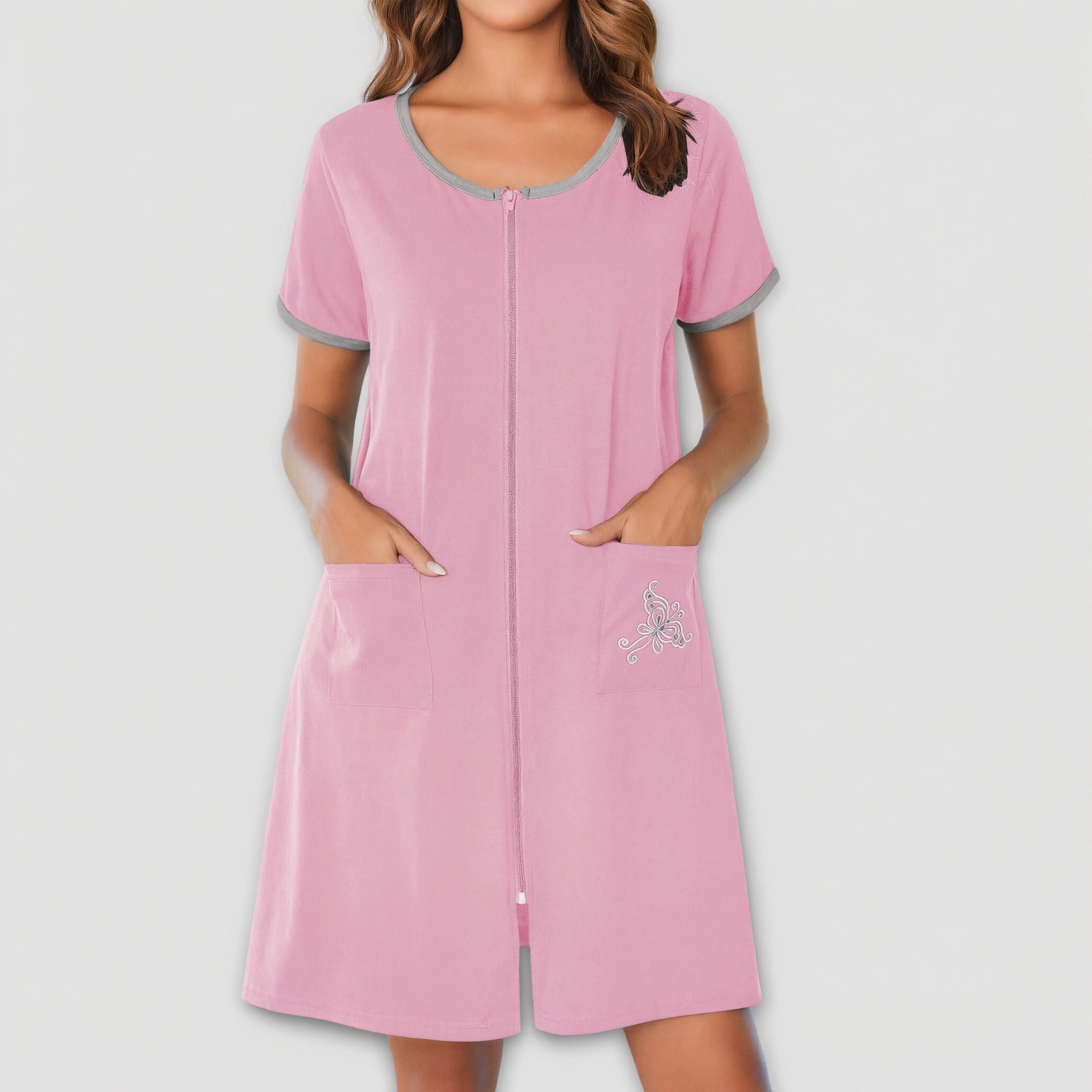 Ekouaer Women Zipper Front House Coat Short Sleeves Robe Zip Up Bathrobes Short Nightgown