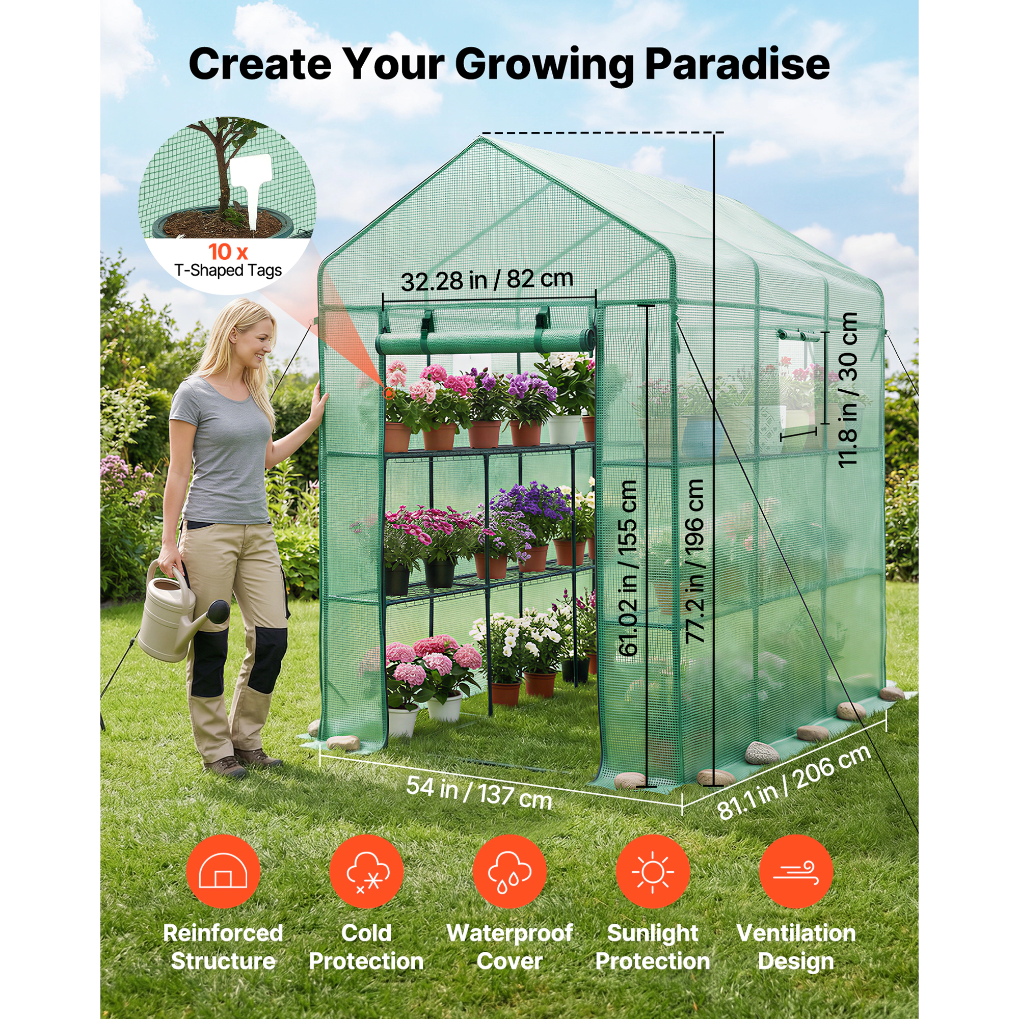 HONGGE Walk-in Green House Greenhouse with Shelves High Strength PE Cover with Zipper Door and Steel Frame Assembly in