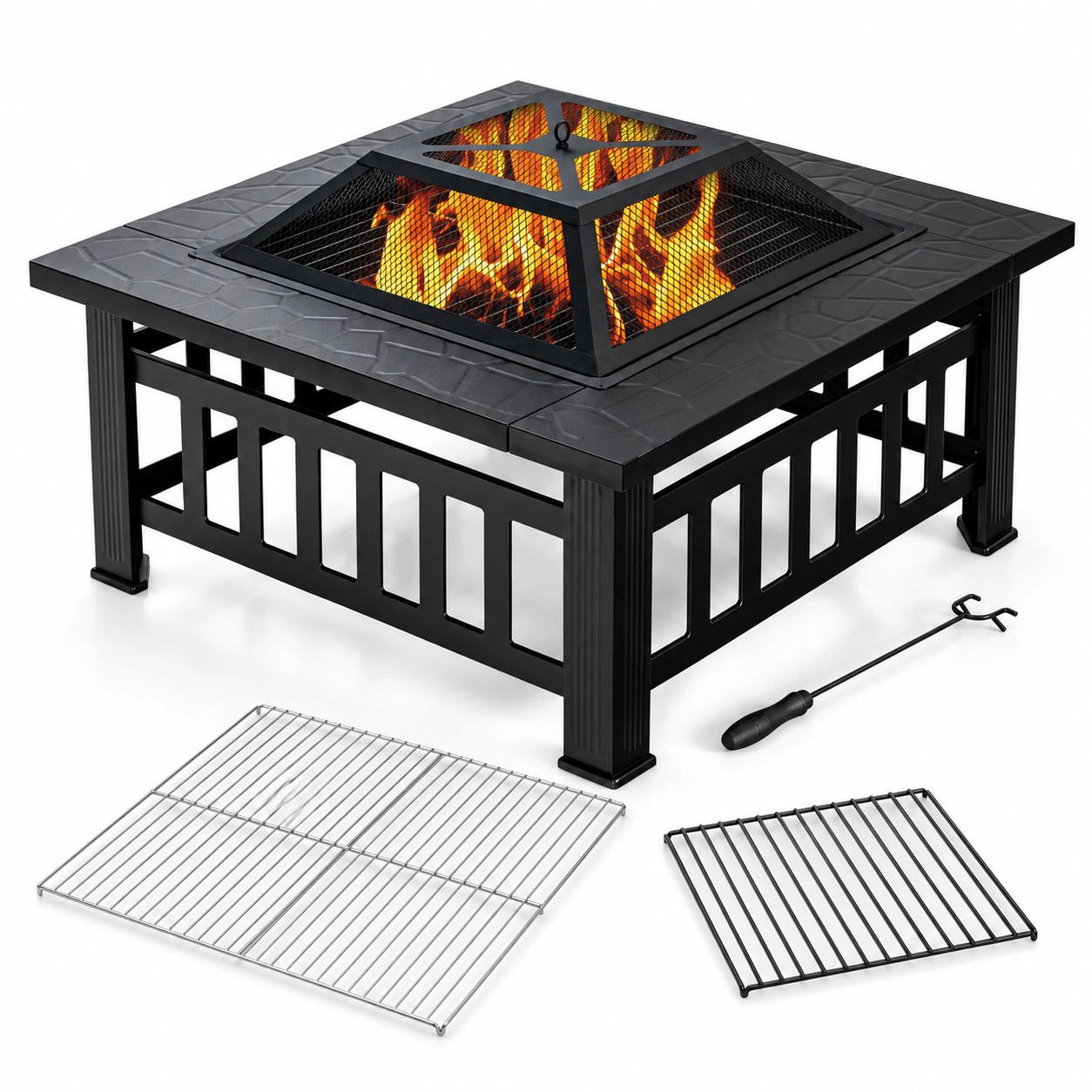 SUGIFT 32-Inch Square Wood-Burning Fire Pit Table with Grill Grate and Cover Black