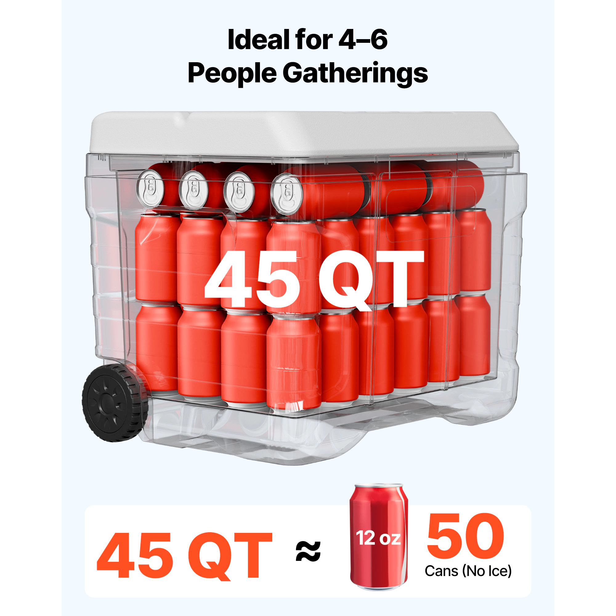 HONGGE 45-Quart Rolling Hard Cooler with Wheels, Leak-Resistant Ice Chest Holds 50 Cans for Camping and Grilling