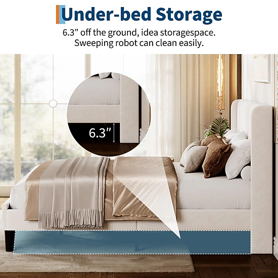 BebreezChic Bed Frame with Velvet Wingback Headboard, Vertical Tufting, No Box Spring