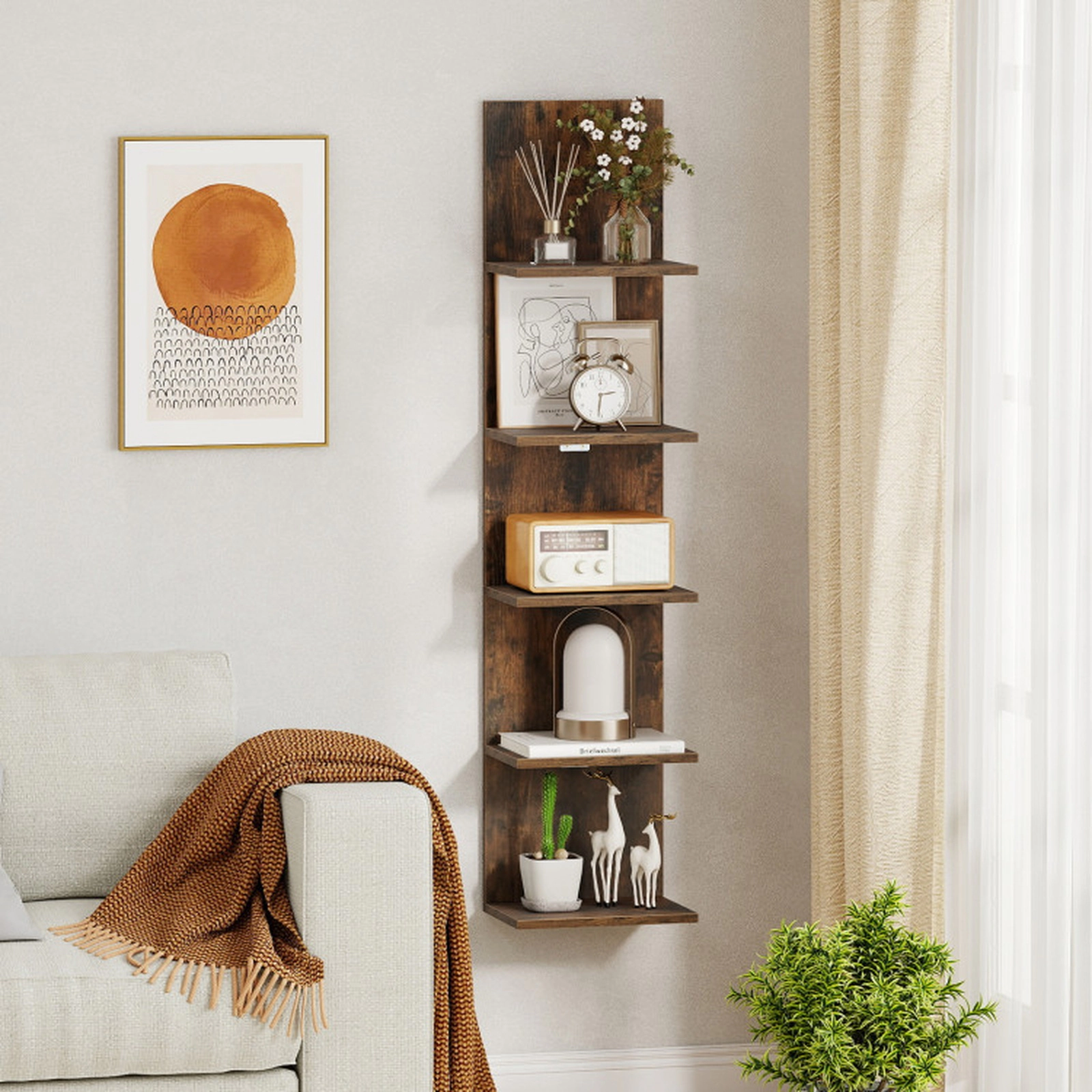 SUGIFT Rustic Brown 5-Tier Wall Mounted Shelf Unit with Wood Grain Finish