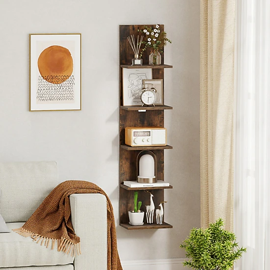 SUGIFT 5-Tier Rustic Brown Wall Mounted Bookshelf with Wood Grain Finish 12-in W 8.5-in D 51-in H 11-lb Per Shelf